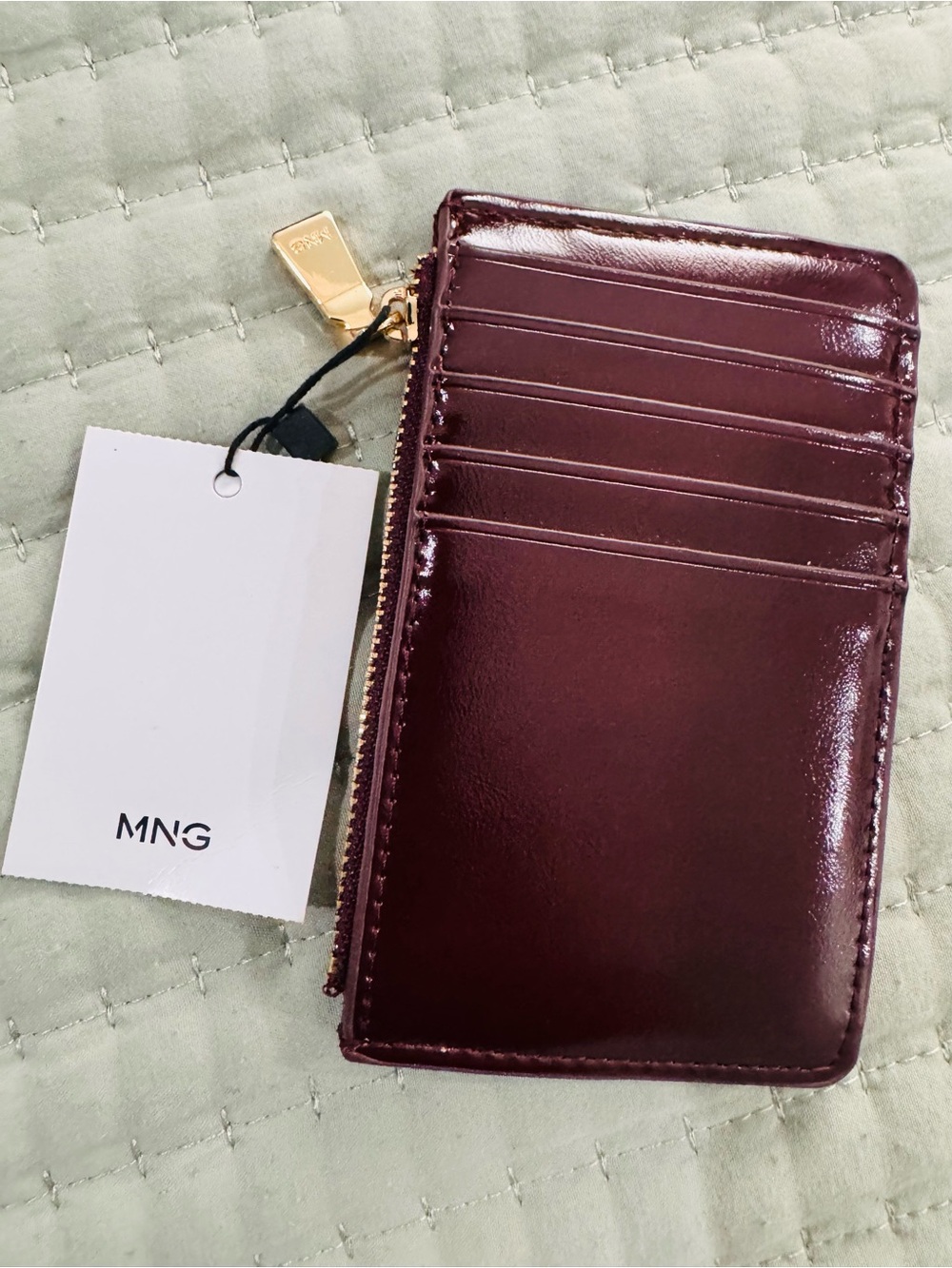 Mango Men's Deep Burgundy Patent Card Holder with Gold Hardware